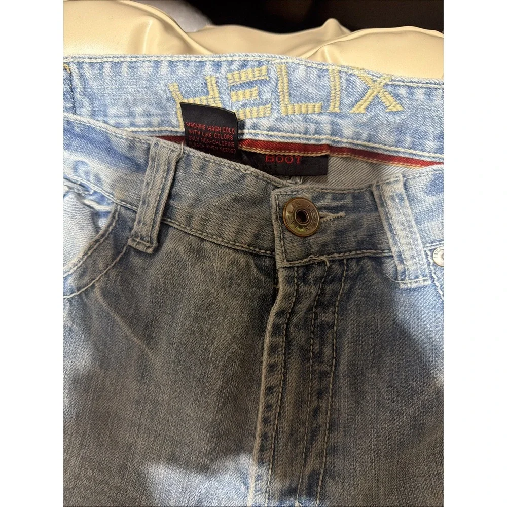 Helix‎ Mens Jeans 36x34 Boot Cut Medium Wash whiskered Stylish Fray 5 Pocket